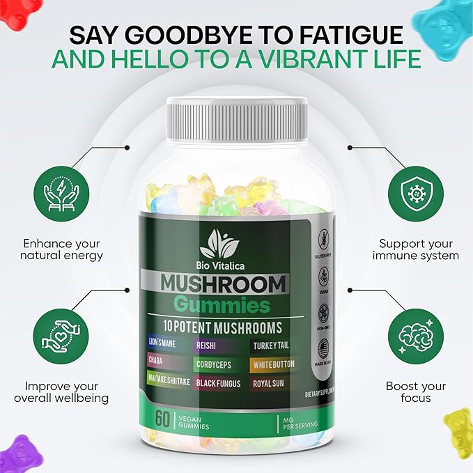 BIO VITALICA Mushroom Gummies – 10 Mushroom Complex with Lion’s Mane, Reishi, Chaga, Cordyceps & More – Fruity Vegan Gummies – Non-GMO, Gluten-Free, Plant-Based – 6 Packs