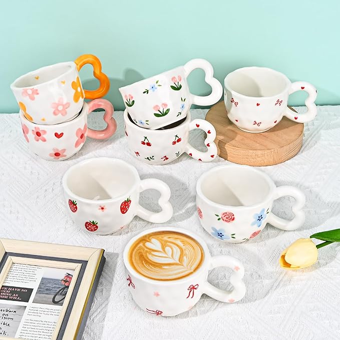 Koythin Ceramic Coffee Mug, Cute Creative Heart Handle Mug Design for Office and Home, Dishwasher and Microwave Safe, 10.5 oz/300 ml for Tea Latte Milk (Ribbon Bow)