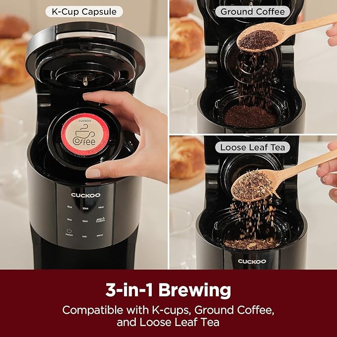 CUCKOO Single Serve Coffee Maker for K-Cup Ground Beans & Loose-Leaf Tea, Versatile 3-in-1 Pod Coffee Maker, Small Single Cup Machine with 5 Sizes and Auto-Clean Mode (CCM-AK011B)
