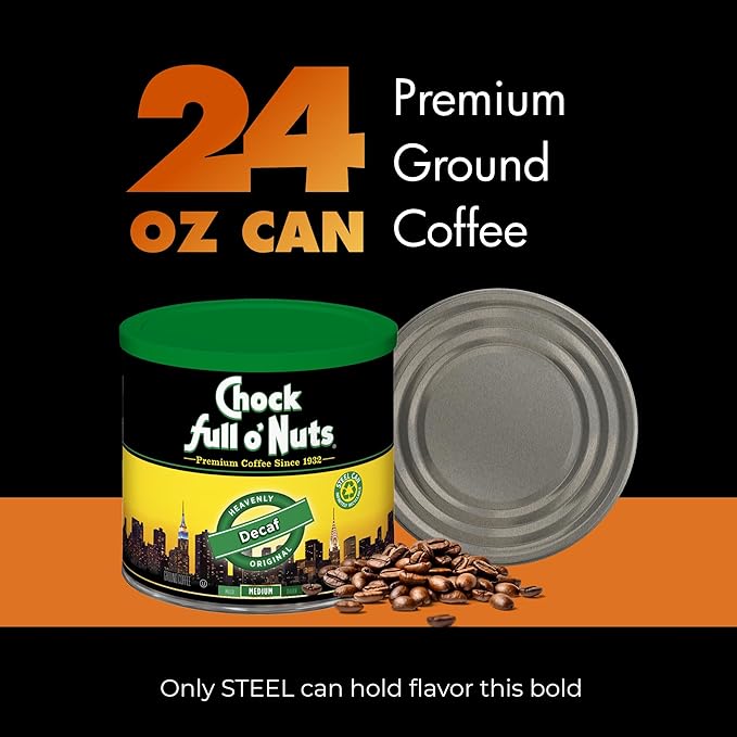 Chock Full o' Nuts Heavenly Original Decaf Ground Coffee – Premium Beans in Recyclable Steel Can – Rich Flavor & Aroma, Medium Roast – Perfect for Drip, Pour-Over, Percolator – 24 Oz Can