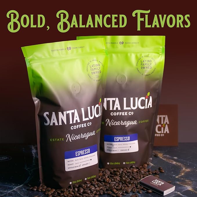 Santa Lucia Coffee Café Crema Espresso Roast Coffee - Specialty Volcanic Nicaraguan Espresso Roast - Farm-Direct, Low-Acid - Dense Golden Crema - 91-Point, Small-Batch - Ground - 16oz (Pack of 2)