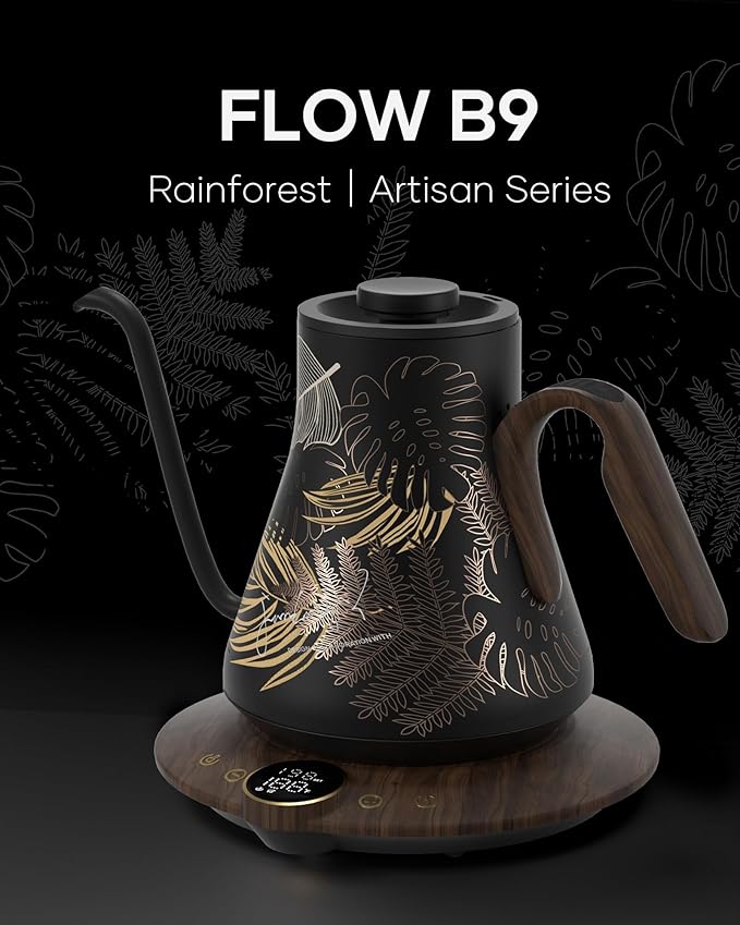 Cocinare FLOW B9 Gooseneck Electric Kettle, Precise Temperature Control for Pour-Over Coffee & Tea Brewing, Stainless Steel Interior, Rapid Heating for Boiling Water 0.9L (Rainforest)