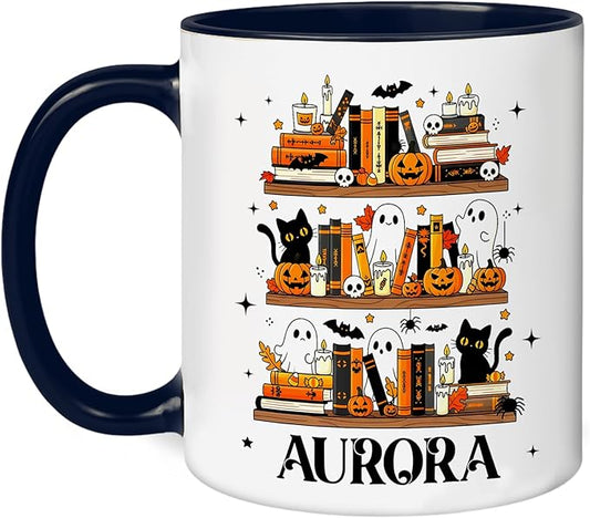 Personalized Halloween Book Lover Coffee Mug – Custom Cute Ghost and Black Cat Cup with Pumpkin Bookshelf Design – Fall Coffee Mug for Women, Spooky Bookish Gift for Readers
