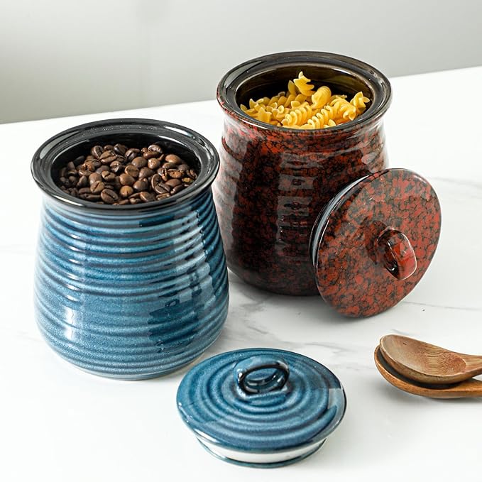 Ceramic Food Storage Jar, Coffee Canister for Countertop with Lids Airtight, Large Flour,Spices,Beans,Rice and Candies Containers for Kitchen and Home,Gift for Halloween,Farmhouse,35 OZ Red