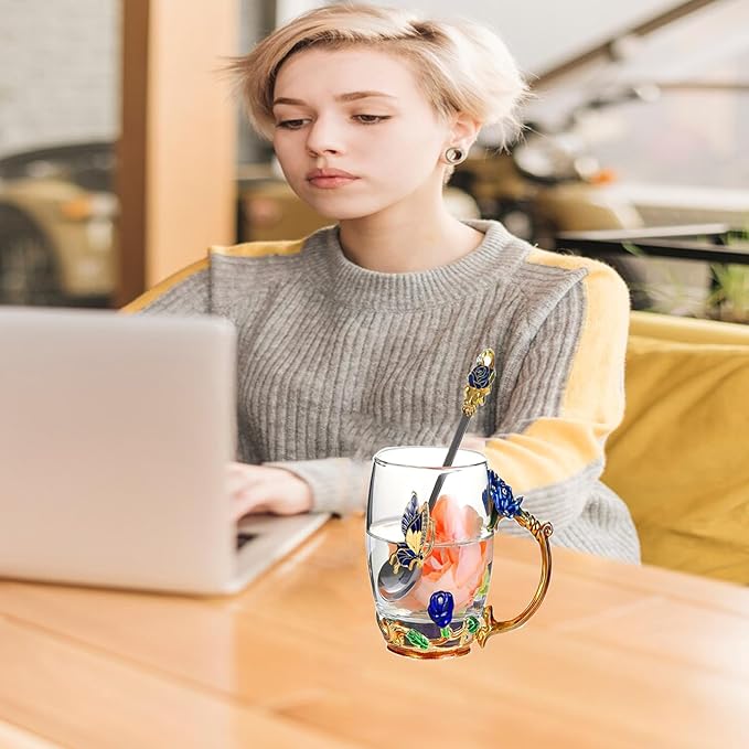 Glass Tea Cup，Birthday present for a mother a birthday present for RoseCoffee Mugs for Mother's Day (Rose Blue B)