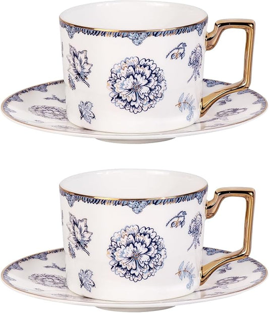 KAMMAK Tea Cups and Saucers Set of 2, Fine Bone China Coffee Cups, 8.5-Ounce Stackable Espresso Mugs, Ceramic Demitasse for Coffee, Cappuccino, Latte, Americano, Tea, English Navy