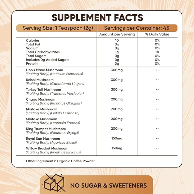 Mushroom Coffee – 10 in 1 Instant Coffee Organic Arabica - Cafe de Hongos w/Lion’s Mane, Turkey Tail, Chaga – Focus, Gut Health, Weight & Immune Support – Low Caffeine, Sugar-Free, Gluten Free 90g