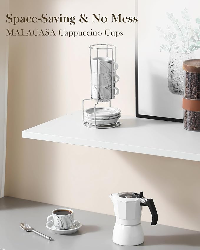 MALACASA 2.5 OZ Porcelain Espresso Cups with Saucers and Metal Stand Set of 4, Stackable Cappuccino Cups, Marble Gray Expresso Shots Cup Set for Coffee Drinks, Latte, Tea