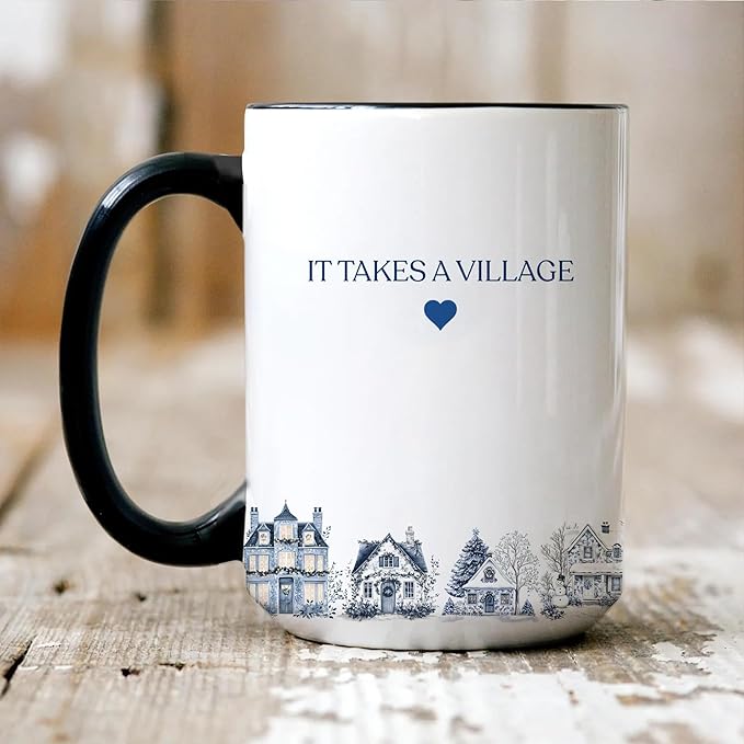 Personalized Toile De Jouy It Takes a Village Thank You Mug – Custom Name Ceramic Coffee Cup – Unique Appreciation Gift for Teacher, Nanny, Babysitter, Coach, Mentor, or Friend