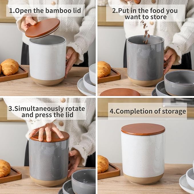 Ceramic Food Storage Jar,Coffee Canister for Countertop with Lids Airtight,Large Flour,Cereal,Spices,Beans,Rice and Candies Containers for Kitchen and Home,Farmhouse Kitchen Decor,80 OZ Gray