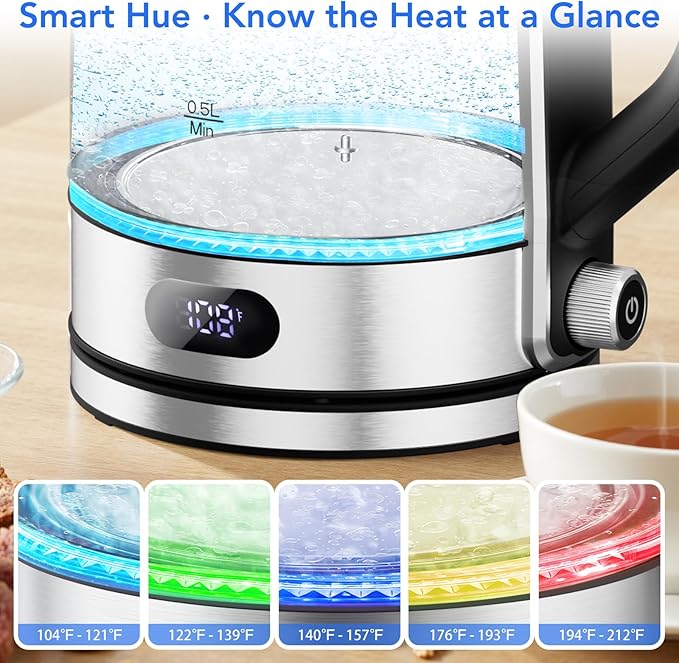 COWSAR Electric Kettle with Precise Temp Control (104-212℉) - Hot Water Kettle, 304 Food-Grade SS & Borosilicate Glass, Custom Keep-Warm, Ambient Light, Auto-Shutoff, Anti-Dry-Boil, 360° Cordless Base