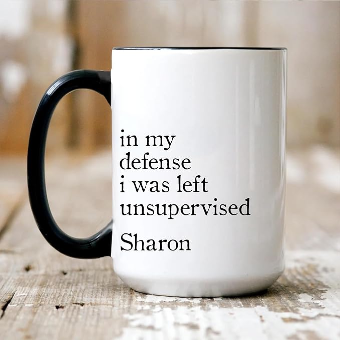 Personalized Funny Coffee Mug – Custom Name Cup with Hilarious Quote “In My Defense I Was Left Unsupervised” – Unique Gag Gift, White Elephant Christmas Cup