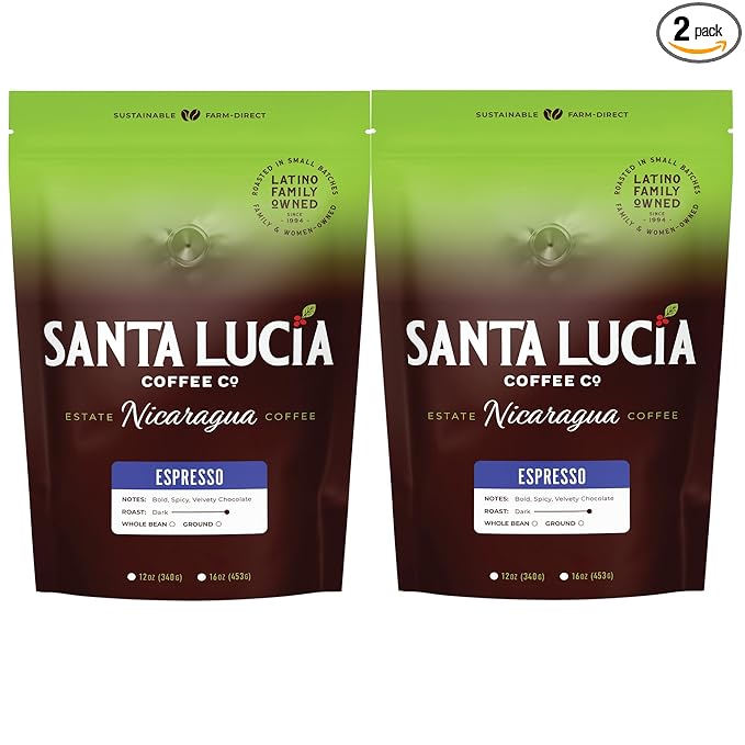 Santa Lucia Coffee Café Crema Espresso Roast Coffee - Specialty Volcanic Nicaraguan Espresso Roast - Farm-Direct, Low-Acid - Dense Golden Crema - 91-Point, Small-Batch - Ground - 16oz (Pack of 2)