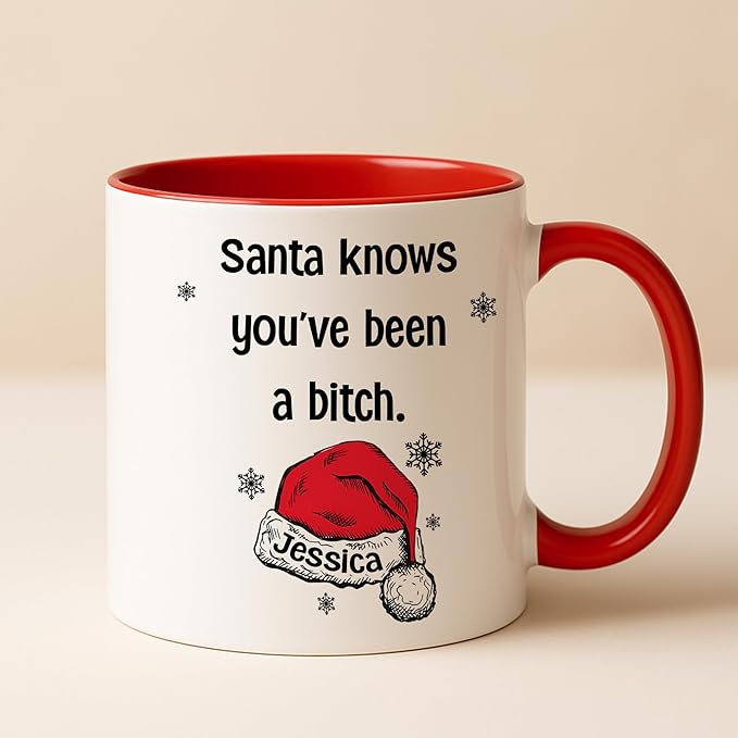 Personalized Funny Christmas Hot Cocoa Mug – Custom Naughty Santa Coffee Cup with Hilarious Quote – Unique White Elephant Exchange Present, Gag Gift for Friends, Holiday Ceramic Mug