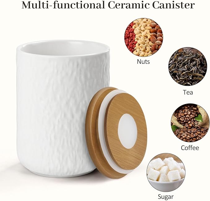 Canisters Set for Kitchen Food Storag of 3 Piece, Airtight Kitchen Canisters for Countertop, Modern Ceramic Jar with Top Handle & Wooden Lid for Coffee Tea Sugar Flour Cookie (White)