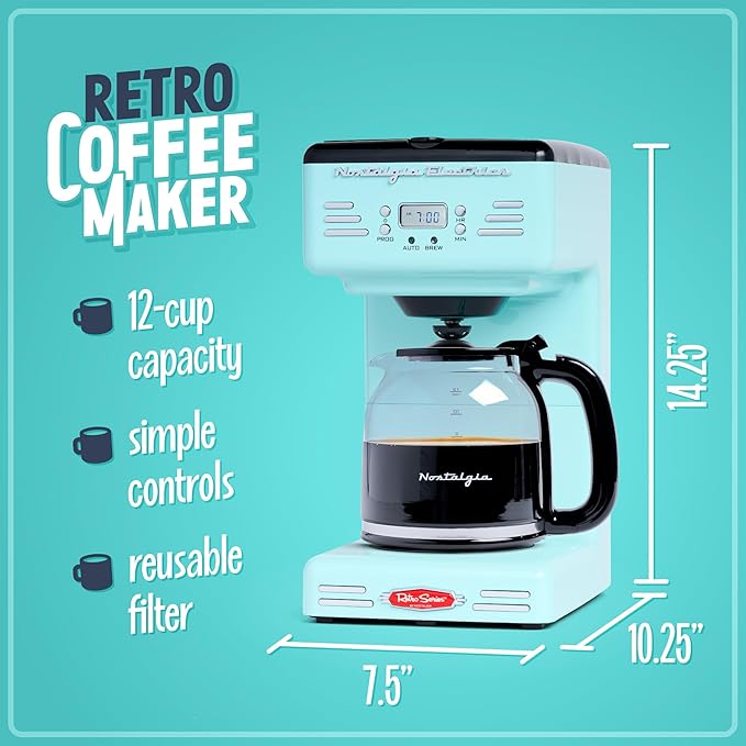 Nostalgia Retro 12-Cup Programmable Coffee Maker With LED Display, Automatic Shut-Off & Keep Warm, Pause-And-Serve Function, Aqua