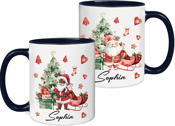 Personalized Black Santa Christmas Mugs – Custom Coffee Cup with Name – Holiday Hot Cocoa Mug Gift for Dad, Mom, Friends – Unique Christmas Ceramic Cup