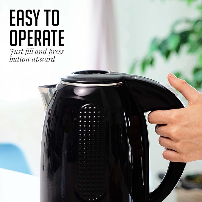 OVENTE 1.7L Double Wall Electric Tea Kettle, 1100W Water Boiler and Heater with Cool-Touch Exterior, Stainless Steel Insulated Interior, Auto Shut-Off, Boil-Dry Protection & Locking Lid, Black KD64B