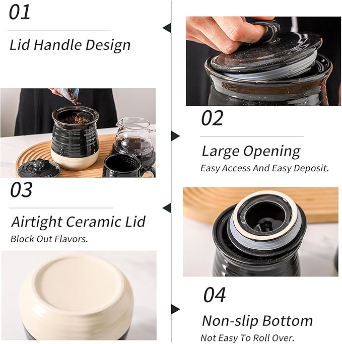 Ceramic Food Storage Jar,Coffee Canister for Countertop with Lids Airtight,Large Flour,Spices,Beans,Rice and Candies Containers for Kitchen and Home,Farmhouse Kitchen Decor,35 OZ Black
