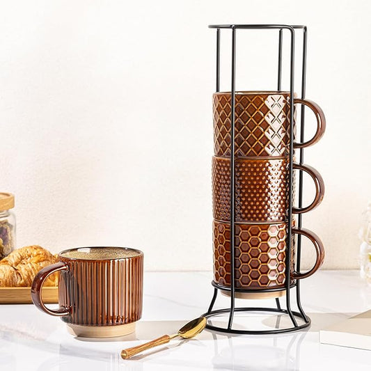 GBHOME 12OZ Stackable Coffee Mugs with Stand, Ceramic Coffee Mugs with Texture Patterns for Man,Woman,Dad,Mom, Modern Coffee Cups Set of 4 for Latte/Cappuccino. Dishwasher&Microwave Safe, Caramel
