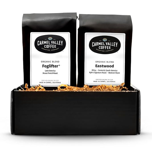 Carmel Valley Coffee Roasting Signature Icons Gift Box, Organic Whole Bean Coffee Gift Set Featuring Foglifter® French Dark Roast & Eastwood Medium Roast, 2 × 12oz Bags