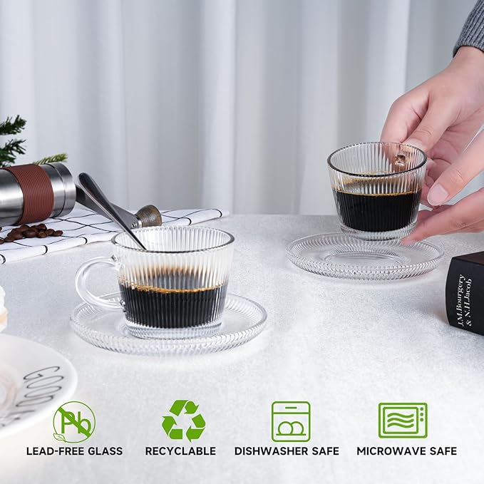 Glass Espresso Shot Cups with Saucers Set of 6, Clear Small Demitasse Cup with Stainless Steel Spoons, Dishwasher Safe Coffee Mugs for Tea Hot Chocolate Cappuccino, 5OZ/150ML, Stripe