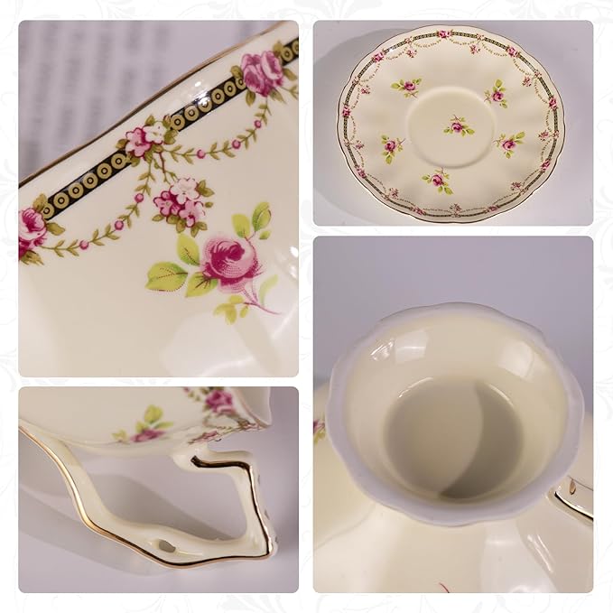 KAMMAK Tea Cups and Saucers Set of 2, Porcelain, 7.8-Ounce | Stackable Espresso Mugs | Imperial Court Collection | Ceramic Demitasse | For Coffee, Latte, Americano, Tea