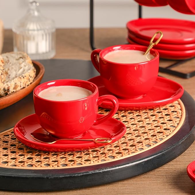 vicrays Ceramic Espresso Coffee Cups - 4 oz Porcelain Espresso Cups Set with Saucers Spoons and Metal Stand for Tea Cafe Cappuccino Latte - Set of 6 - Red