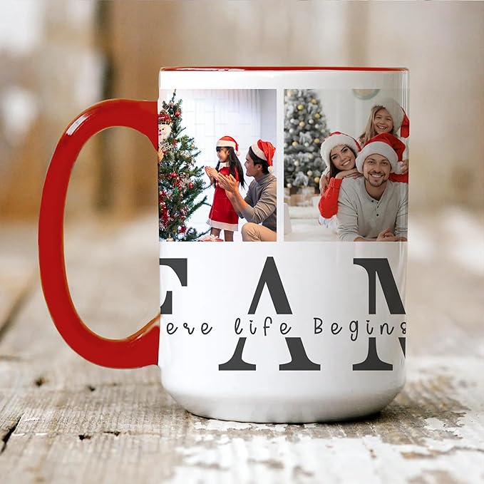 Personalized Funny Christmas Hot Cocoa Mug – Santa Gift, Unique White Elephant Exchange Present – Custom Family Photo Coffee Cup with Quote “Where Life Begins and Love Never Ends”