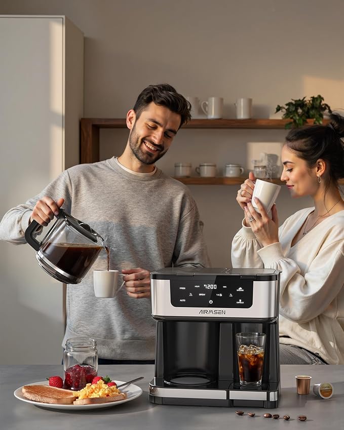 AIRMSEN 12-Cup Programmable Dual Coffee Maker – Single Serve Machine for K-Cup Pods & Ground, 1000W Fast Brew, Delay Start, 2H Keep Warm, Touchscreen, 60oz Tank, Glass Carafe – Home & Office