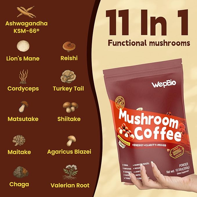 Mushroom Coffee 11 in 1 Adaptogenic Mushroom Blend with Ashwagandha KSM-66,Lions Mane,Reishi,Turkey Tail Hazelnut Instant Mushrooms Coffee for Boost Energy,Focus,Sugar-Free,30 Servings