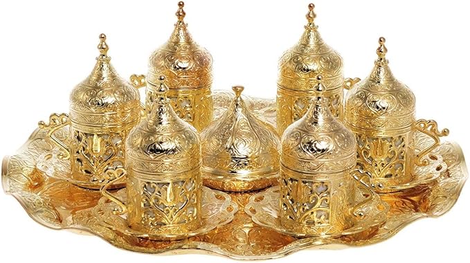 Alisveristime 6-Piece Set Turkish Espresso Coffee Cups with Saucer, Lid, Traditional Ottoman Tulip Motif (Multiple Color Variations) (Lale) (Gold)