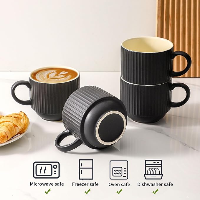 glowworm Coffee Mugs Set of 4, 15 Oz Ceramic Coffee Cups, Stackable Coffee Mugs for Lattee, Cappuccino, Wedding, Birthday Gift, Microwave & Dishwasher Safe, Black