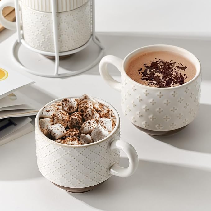 Large Ceramic Coffee Mug Set of 4 with Stand, 15 Oz Stackable Different Embossment Ribbed Latte Cup Set for Cappuccino, Tea, Hot Cocoa, Drinks - Dishwasher & Microwave Safe, Off White