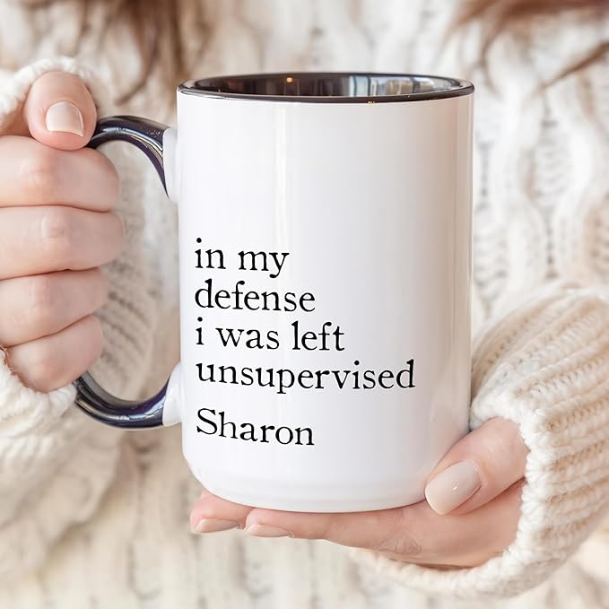 Personalized Funny Coffee Mug – Custom Name Cup with Hilarious Quote “In My Defense I Was Left Unsupervised” – Unique Gag Gift, White Elephant Christmas Cup
