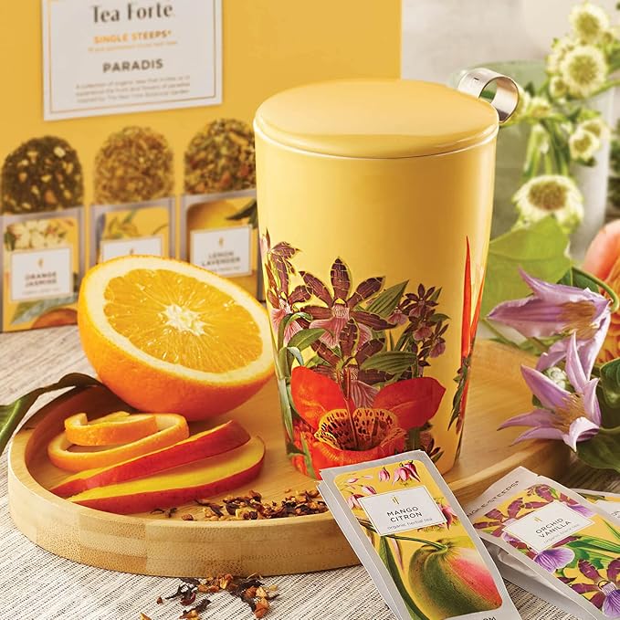 Tea Forte Double-Walled Ceramic Kati Cup, Removable Stainless Steel Infuser Basket and Lid, Steeps 12 oz Loose Leaf Tea, Dishwasher & Microwave Safe, Paradis