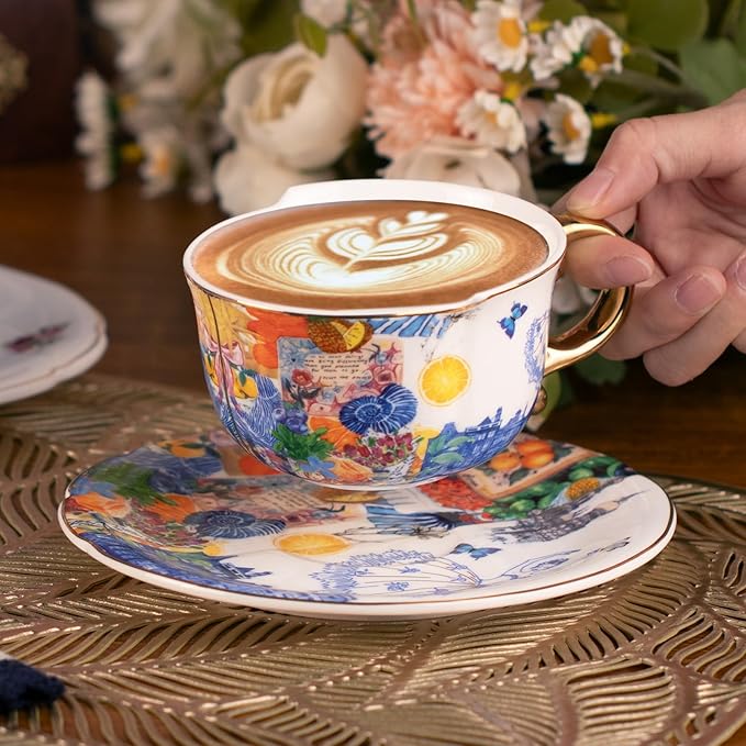 KAMMAK Tea Cups and Saucers Set of 2, Fine Bone China Coffee Cups, 8.5-Ounce Stackable Espresso Mugs, Ceramic Demitasse for Coffee, Cappuccino, Latte, Americano, Tea, Dream Ballet