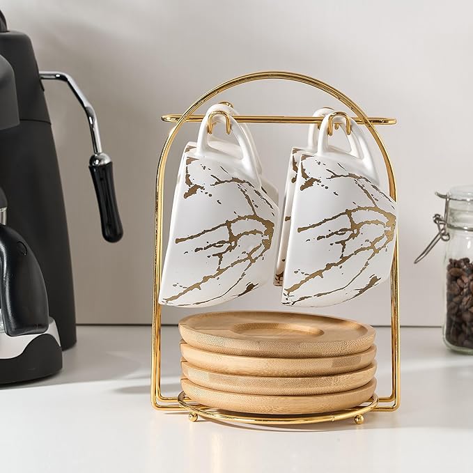 LUKA Ceramic Demitasse Espresso Cups Set with Saucers and Metal Stand, 8 oz Porcelain Stackable Cappuccino Cups Teacup For Tea, Espresso, Latte, Coffee, Cafe Mocha, Set of 4, White