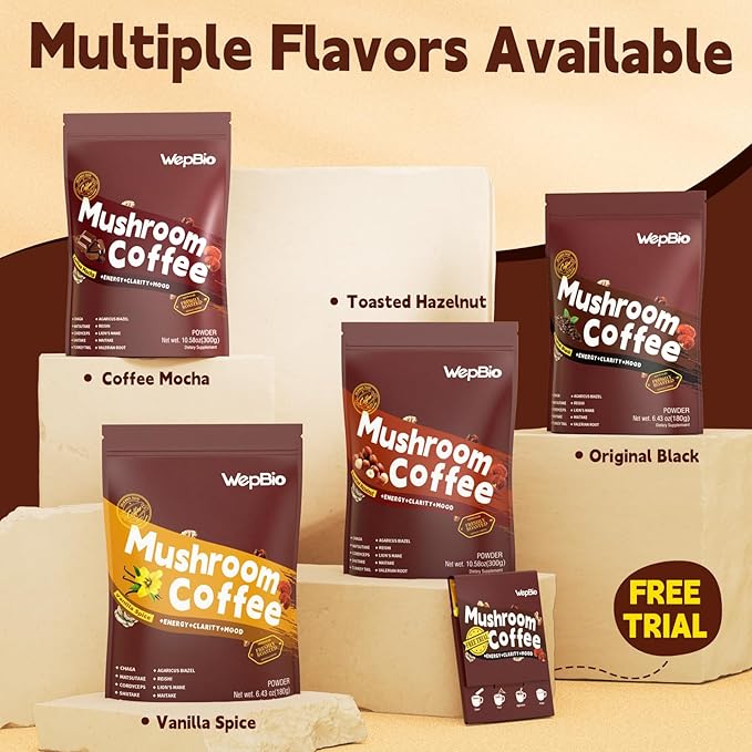 Mushroom Coffee 11 in 1 Adaptogenic Mushroom Blend with Ashwagandha KSM-66,Lions Mane,Reishi,Turkey Tail Hazelnut Instant Mushrooms Coffee for Boost Energy,Focus,Sugar-Free,30 Servings