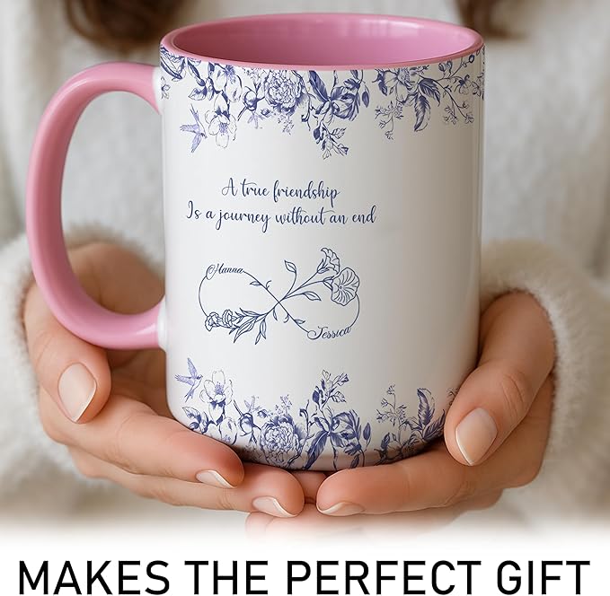 Personalized Best Friend Mug – Custom Name Floral Design, Birthday, Anniversary, Going Away Gifts for Best Friends, Chinoiserie Toile de Jouy Ceramic Mug