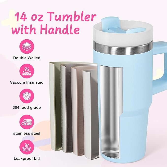 14 Oz Tumbler with Handle Stainless Steel Double Layer Insulated Mug,Reusable Stainless Steel Kids Water Bottle,Gifts for Kids Tumblers(Black)