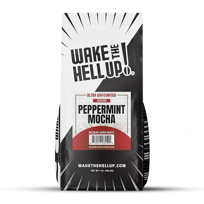 Wake The Hell Up! 1lb Ultra-Caffeinated Peppermint Mocha Ground Coffee, Low Acid, Medium-Dark Roast