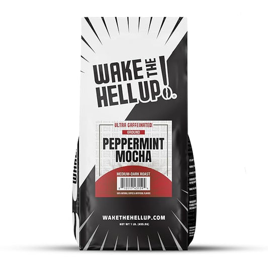 Wake The Hell Up! 1lb Ultra-Caffeinated Peppermint Mocha Ground Coffee, Low Acid, Medium-Dark Roast