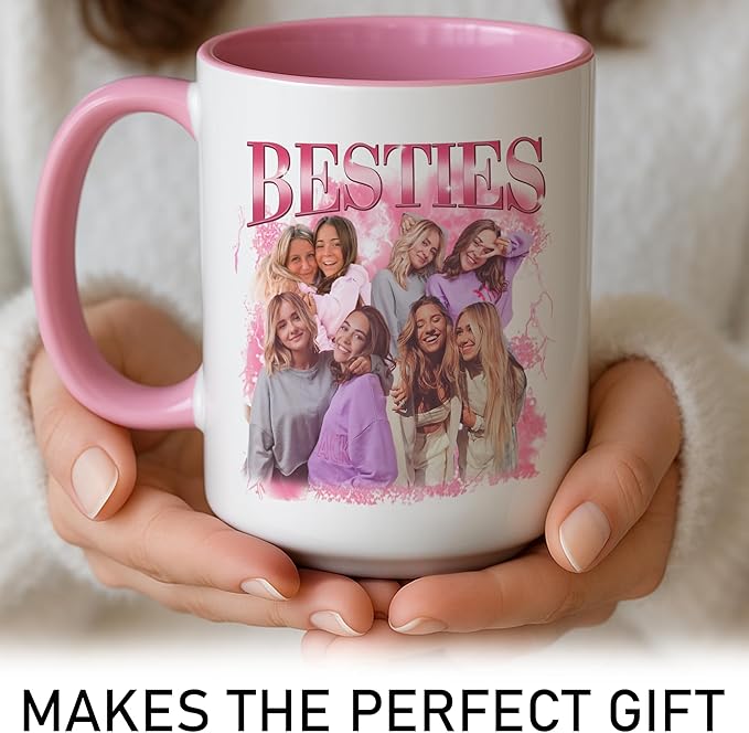Personalized Besties Mug - Custom Photo Mug For Women - Birthday Going Away Gift For Best Friend Group - Add Group Picture - Pink Themed Friendship Coffee Cup