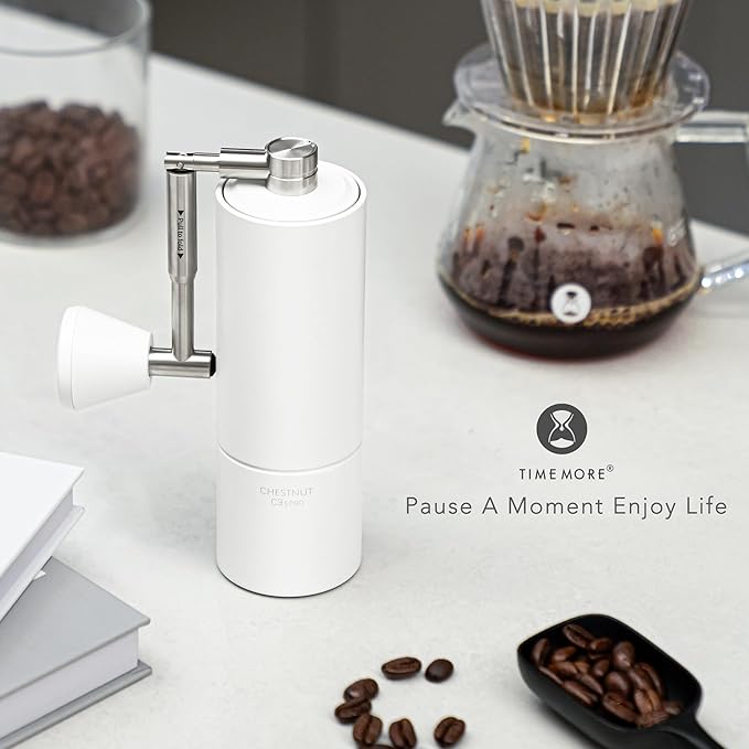 TIMEMORE Chestnut C3S Pro Hand Coffee Grinder, Stainless Steel S2C Conical Burr Manual Coffee Grinder, Coffee Grinder with Foldable Handle, Adjustable Grind Setting for Espresso to French Press, White
