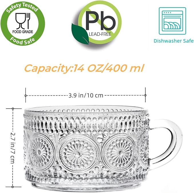 Bandesun Vintage Glass Coffee Mugs Tea Cups, 14 Oz Set of 2 - Stackable Embossed, Glassware with Handle, for Cappuccino, Latte, Cereal, Yogurt, Beverage Hot/Cold, Milk