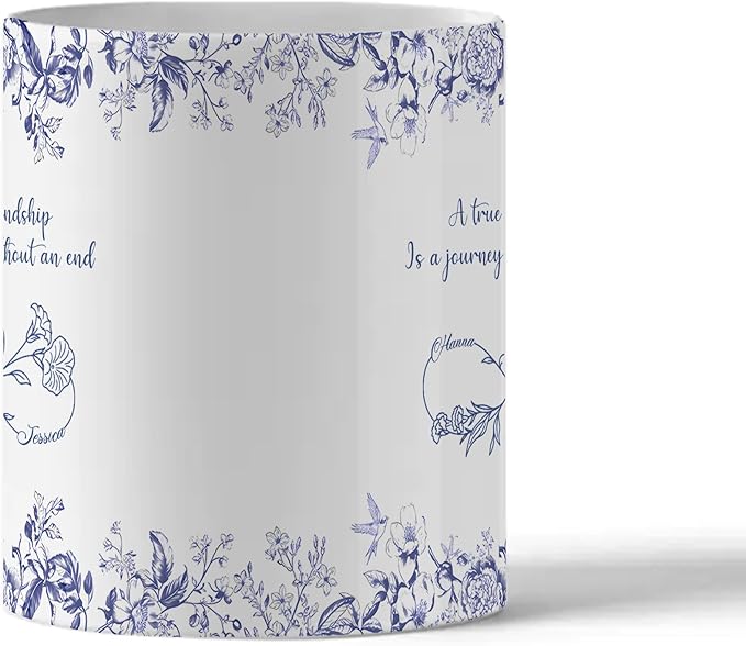 Personalized Best Friend Mug – Custom Name Floral Design, Birthday, Anniversary, Going Away Gifts for Best Friends, Chinoiserie Toile de Jouy Ceramic Mug