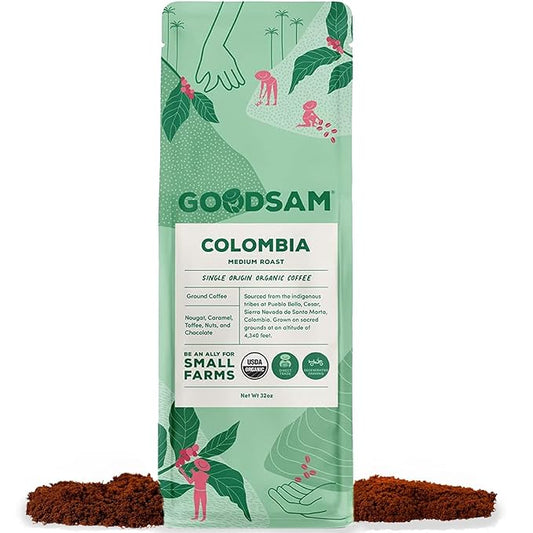 GoodSAM - Organic Colombian Ground Coffee, Medium Roast 2lb – Single Origin Arabica Beans, Smooth & Balanced Flavor - Supporting Small Family Farmers, Regenerative & Direct Trade