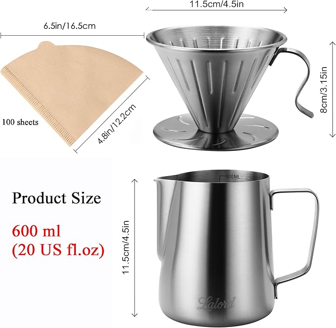 Pour Over Coffee Maker, 304 Stainless Steel wIth 100 pcs V60 Paper Filters & 600ml Milk Frothing Pitcher, for Home & Camping