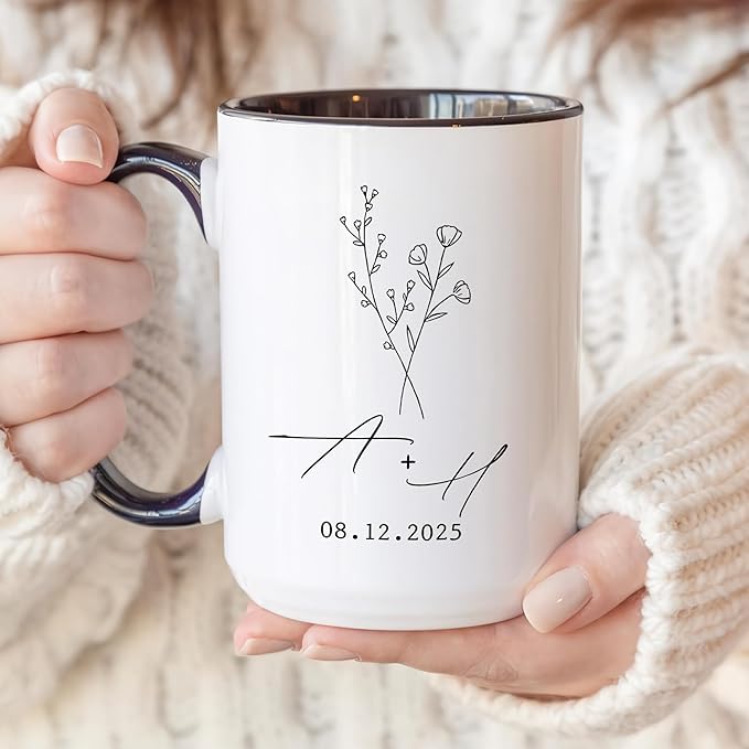 Personalized Mr and Mrs Coffee Mug Set – Custom Initials & Date Design with Minimal Floral Line Art – Wedding Gift for Couple, Engagement Keepsake, Anniversary Present Ceramic Cups